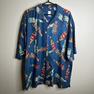 Vintage Burma Bibas Silk Shirt Sz L Blue Hawaiian Beer Bottles Made in Korea 90s